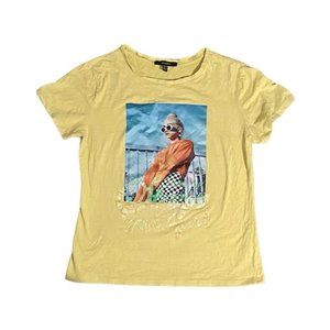 Women's Graphic Print T-shirt Yellow XS Retro Vintage Girl Photo Edgy Unique Tee